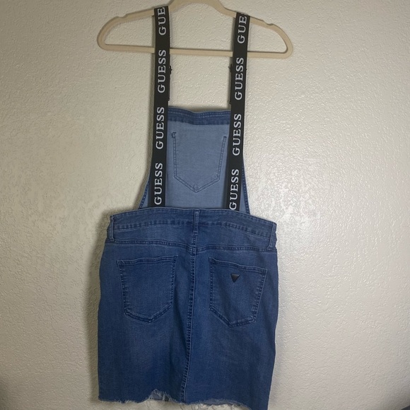 GUESS Women Denim Jean Bib Overalls Mini Dress Logo Straps Distressed Hem Size L - Picture 2 of 10